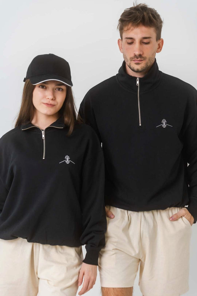 Zip-neck sweatshirt 100% organic cotton - Black